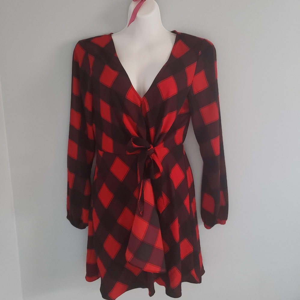 Express Buffalo Check Bow Dress